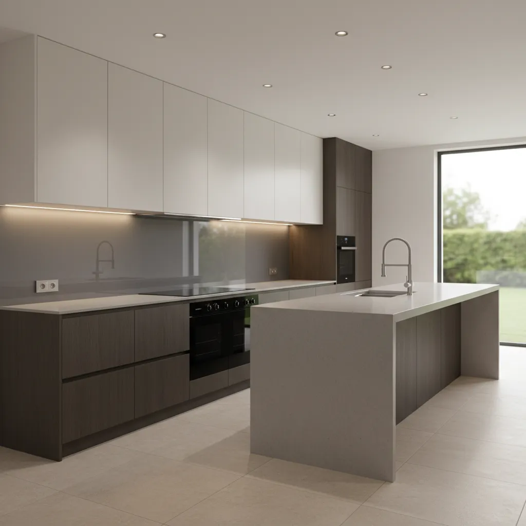 Modern kitchen with seamless glass backsplash behind stove