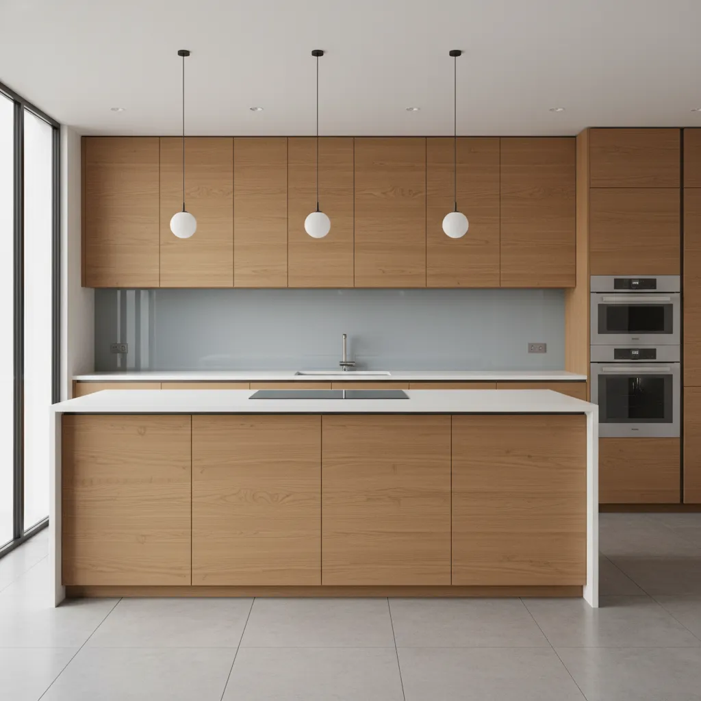 Modern kitchen with reflective glass backsplash and oak cabinets