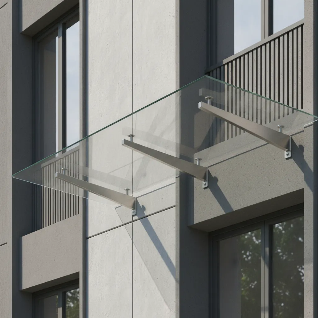 Modern glass balcony chajja supported by steel brackets above a compact balcony