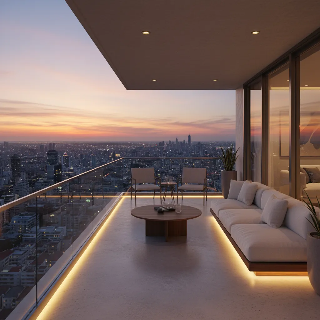 stylish glass balcony lounge with lighting and outdoor seating
