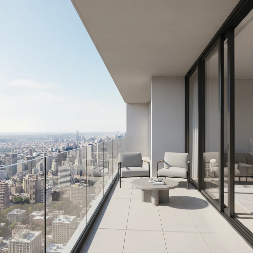 Frameless glass balcony railing with open city view