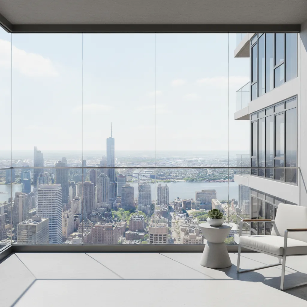 frameless glass balcony railing in a small modern apartment balcony
