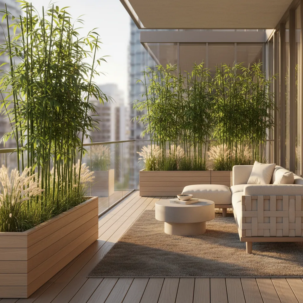 glass balcony with tall plants providing privacy