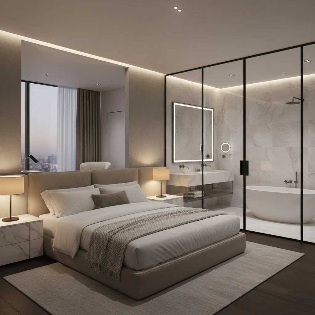 Modern bedroom with glass wall separating the bathroom featuring a bathtub double sinks and bed