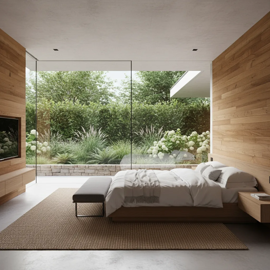 Dormitorio moderno con gran ventanal hacia el jardín