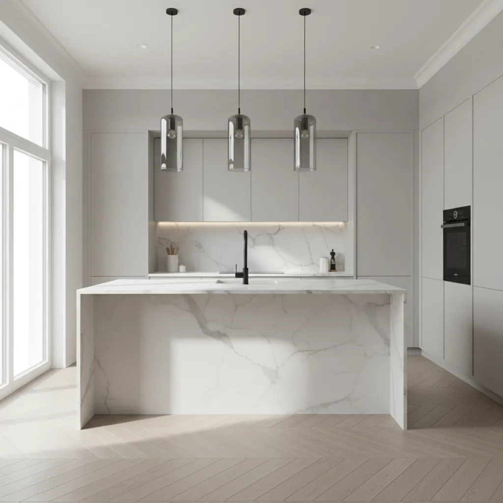 Kitchen island with glass black pendant lights providing bright open lighting