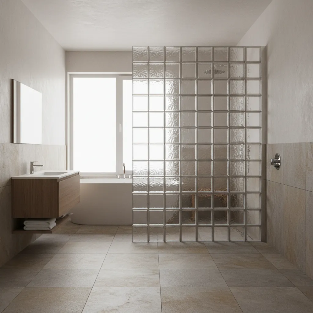 Bathroom shower with frosted glass block wall allowing natural light while maintaining privacy