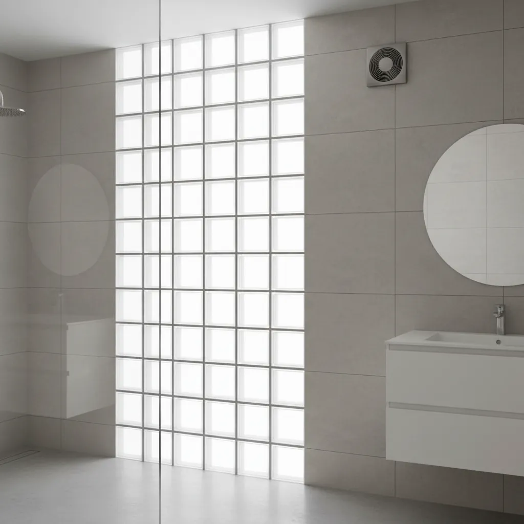Glass block bathroom window with exhaust fan panel