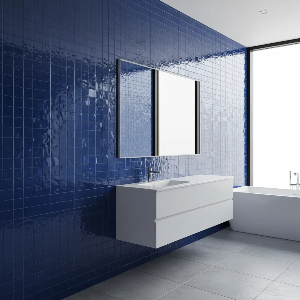 Bathroom wall with reflective glass blue mosaic tiles