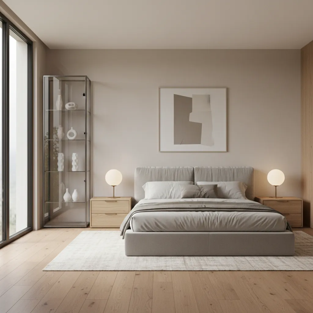 bedroom layout showing tall glass cabinet placement near window