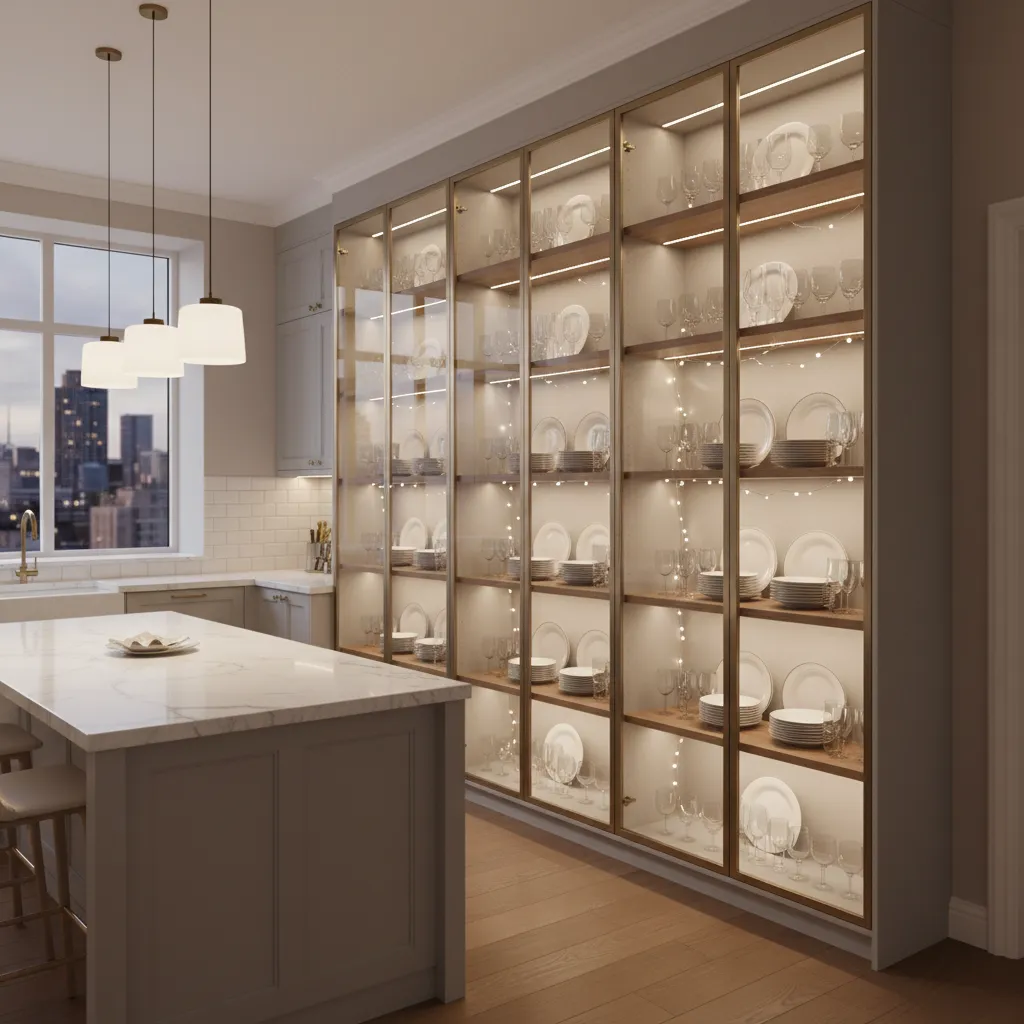 Glass kitchen cabinets illuminated with soft Christmas fairy lights