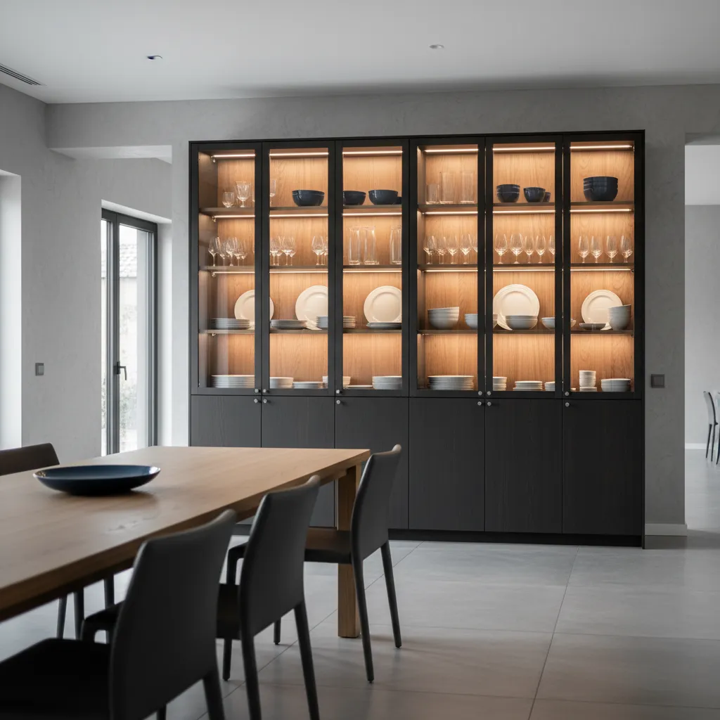 Modern crockery cabinet with glass doors and interior lighting in dining room