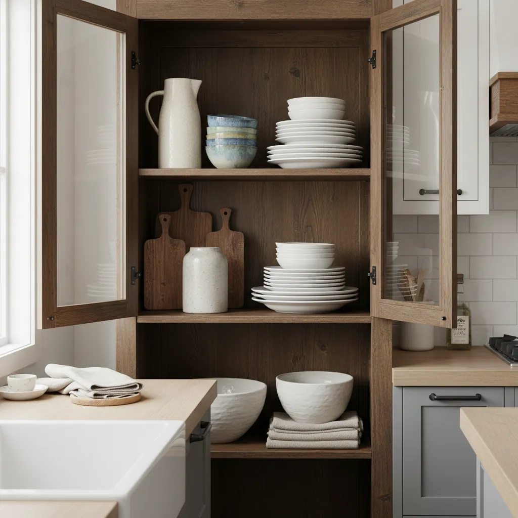 Kitchen cabinet shelf showing varied heights of pitchers bowls and plates