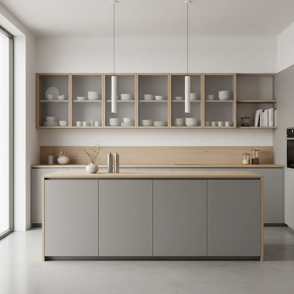 Kitchen with glass cabinets displaying organized dishes and decor