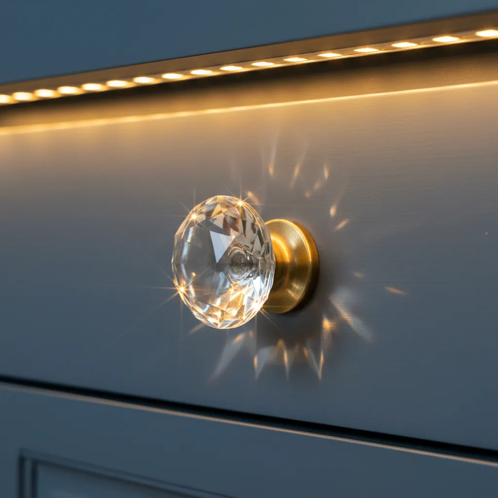 close up of faceted glass cabinet knob reflecting warm under cabinet lighting