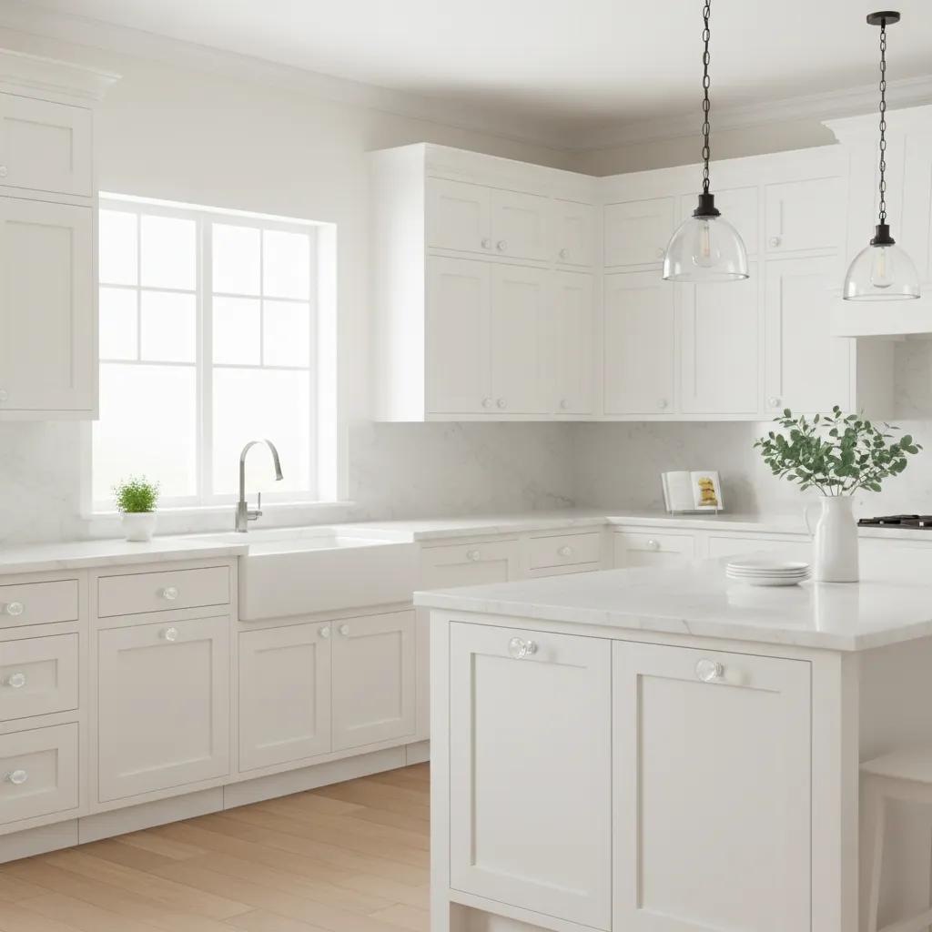 glass cabinet knobs installed on white shaker kitchen cabinets