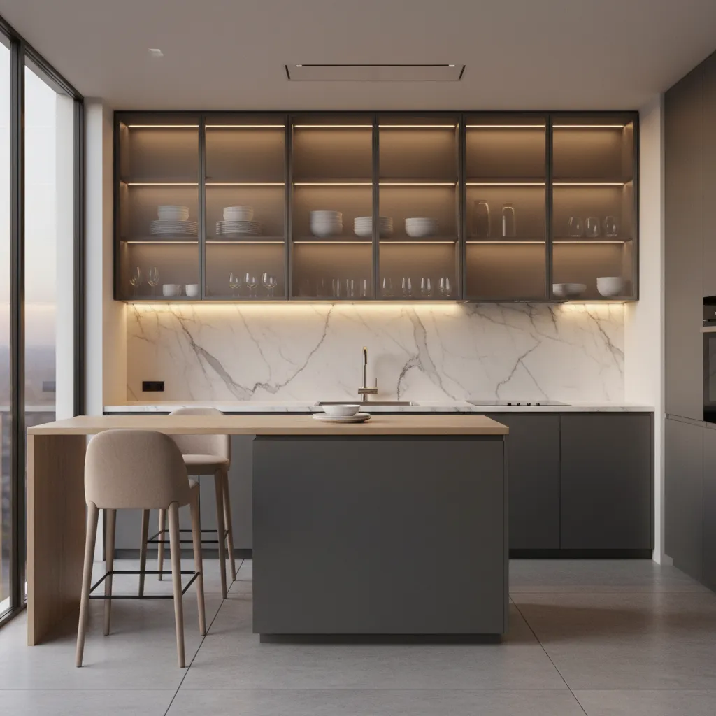 Upper kitchen cabinets with glass doors and interior lighting