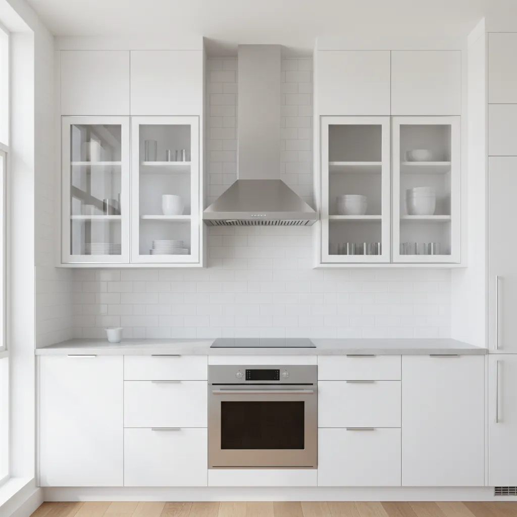 Kitchen wall layout showing selective placement of glass cabinets