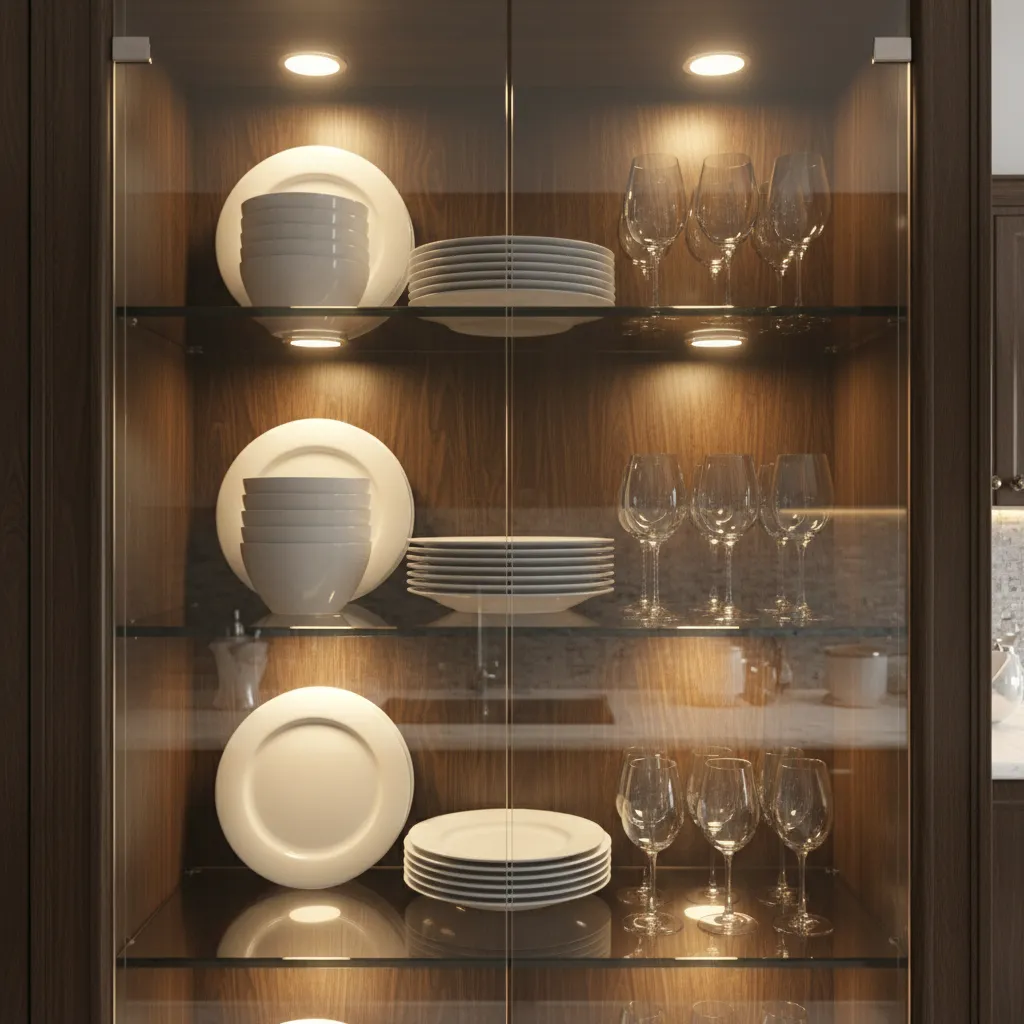 glass display cabinet illuminated by puck lights highlighting dishes
