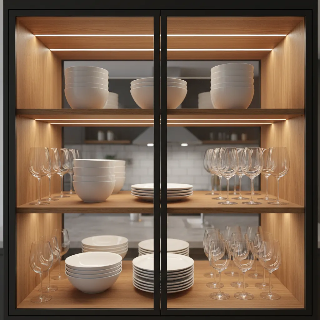 Glass kitchen cabinet interior with organized dishes and bowls