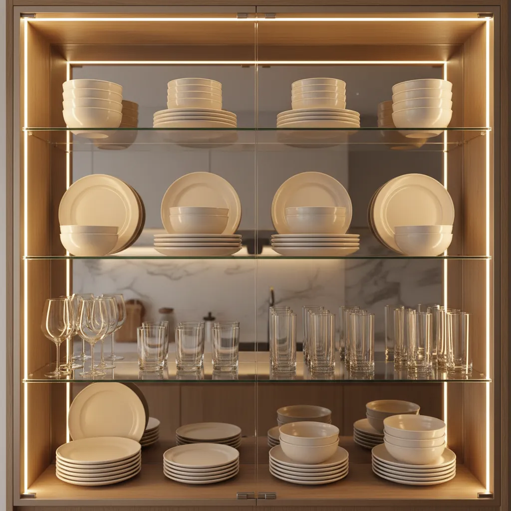 Organized glass kitchen cabinet shelves with plates bowls and glassware