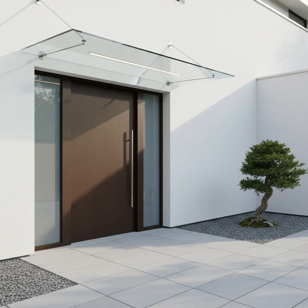 Marquesina de vidrio templado instalada sobre la entrada de una casa moderna