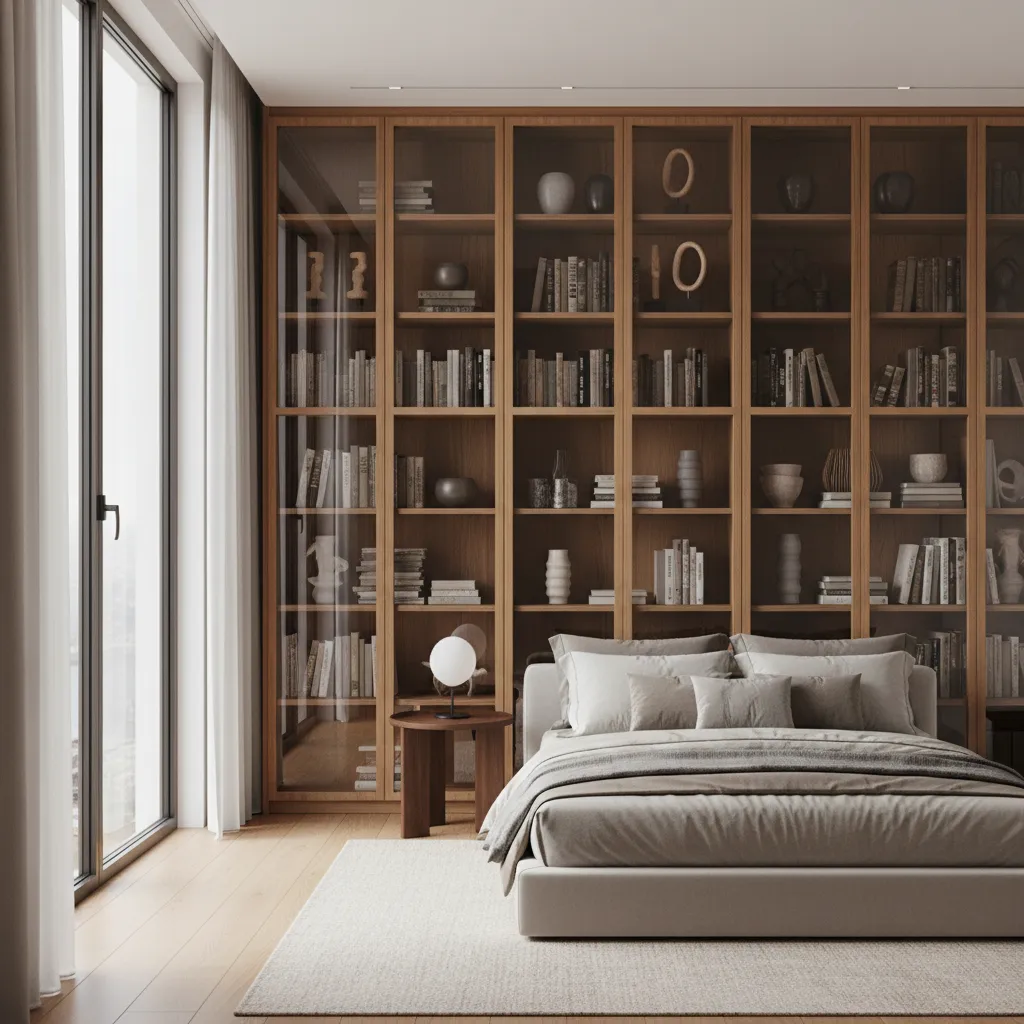 Elegant glass china cabinet styled with books and decor in a modern bedroom