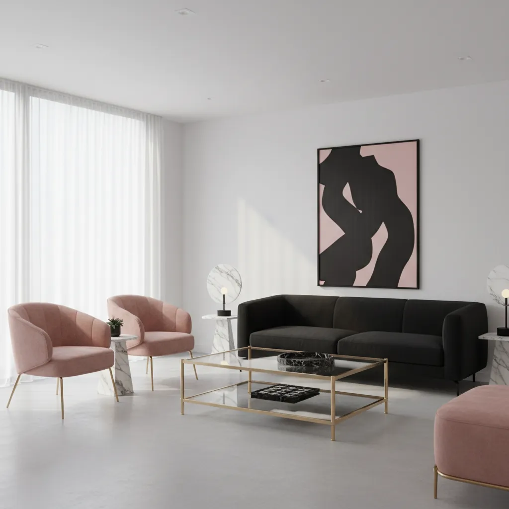 Glass coffee table with black and pink living room furniture