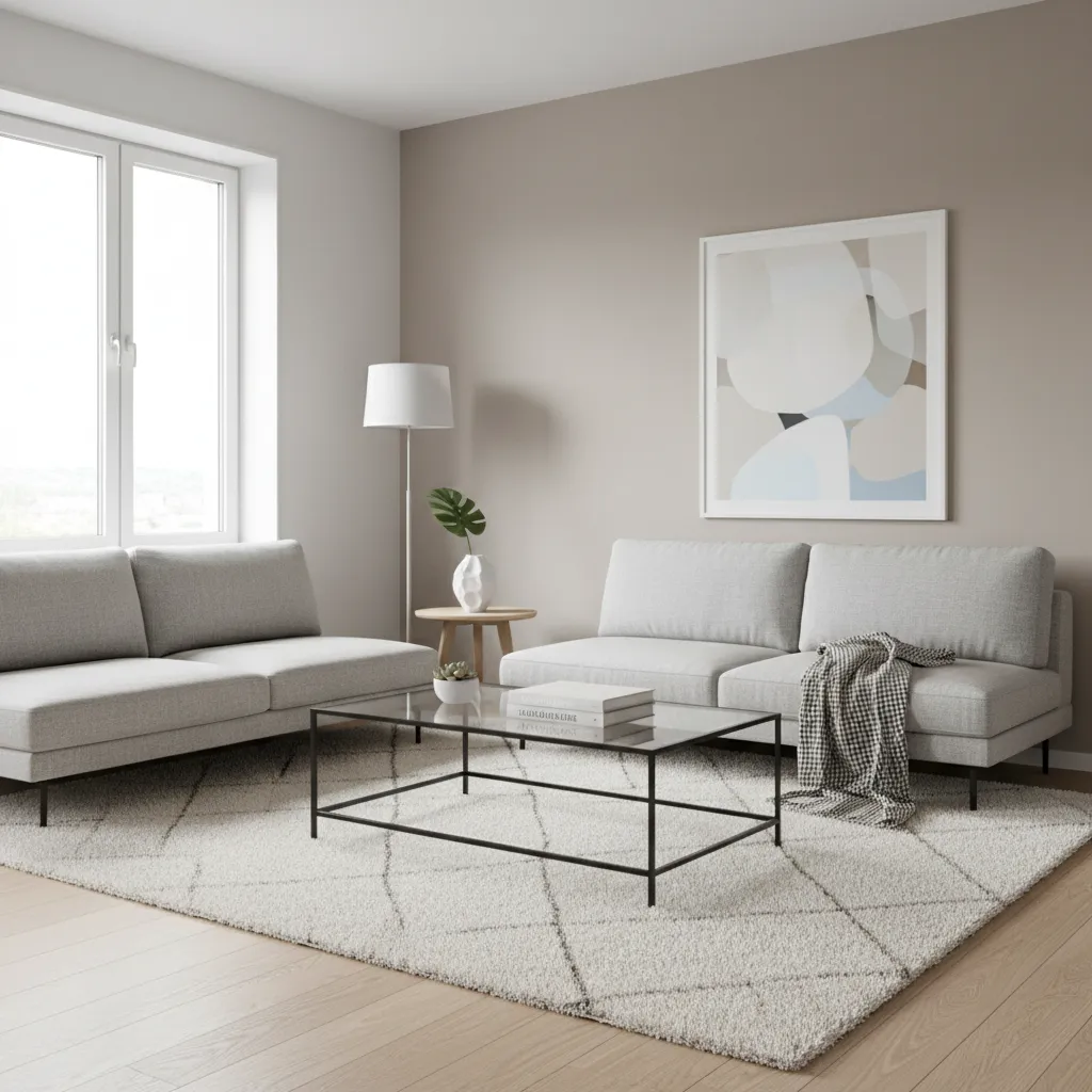 Modern living room with two gray sofas, glass coffee table, white rug and floor lamp