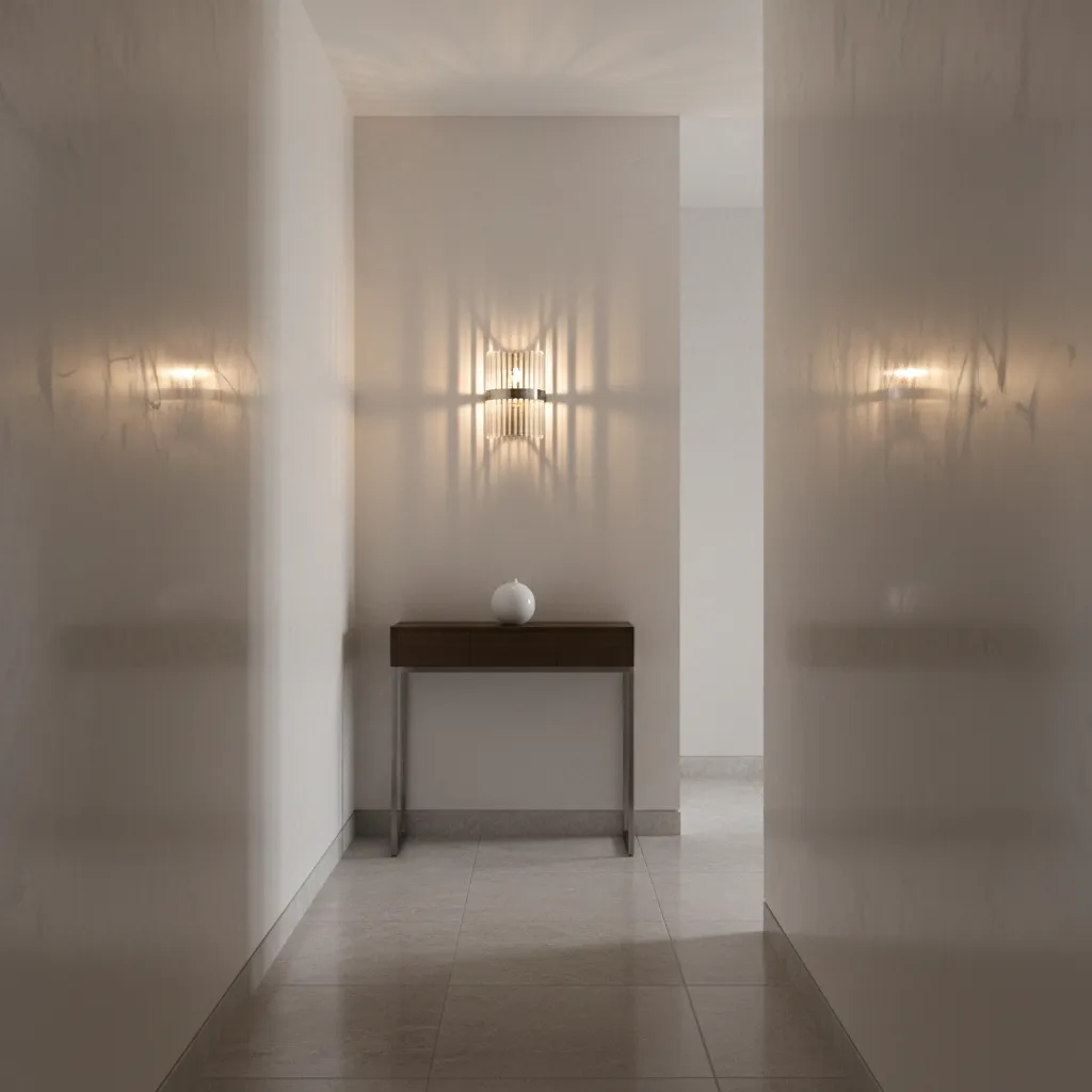 glass wall candle sconce reflecting candlelight in a narrow hallway