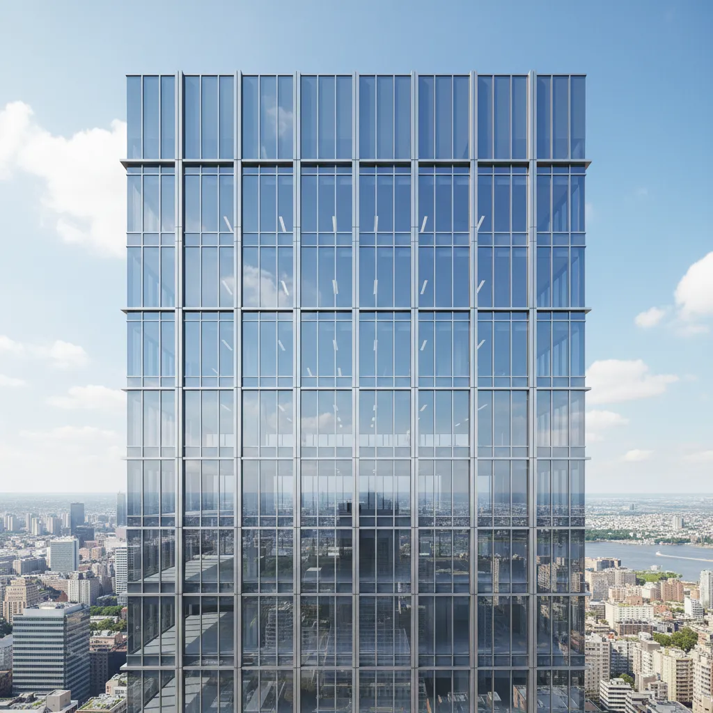 glass curtain wall facade system with mullions and reflective glazing in 3D architectural render