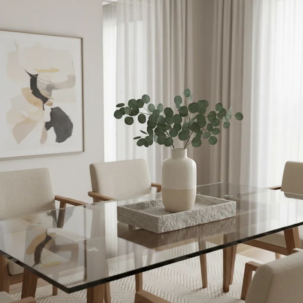 Decorative tray arrangement with vase and greenery on a glass dining table