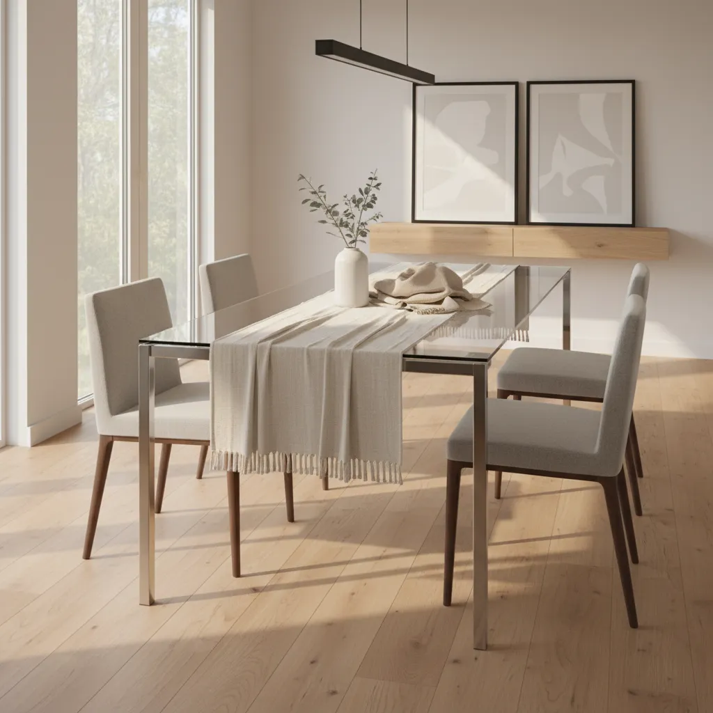 Glass dining table styled with a neutral linen table runner