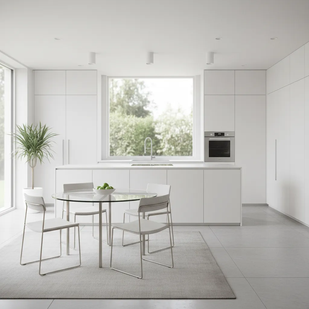 Modern glass dining table in minimalist white cabinet kitchen
