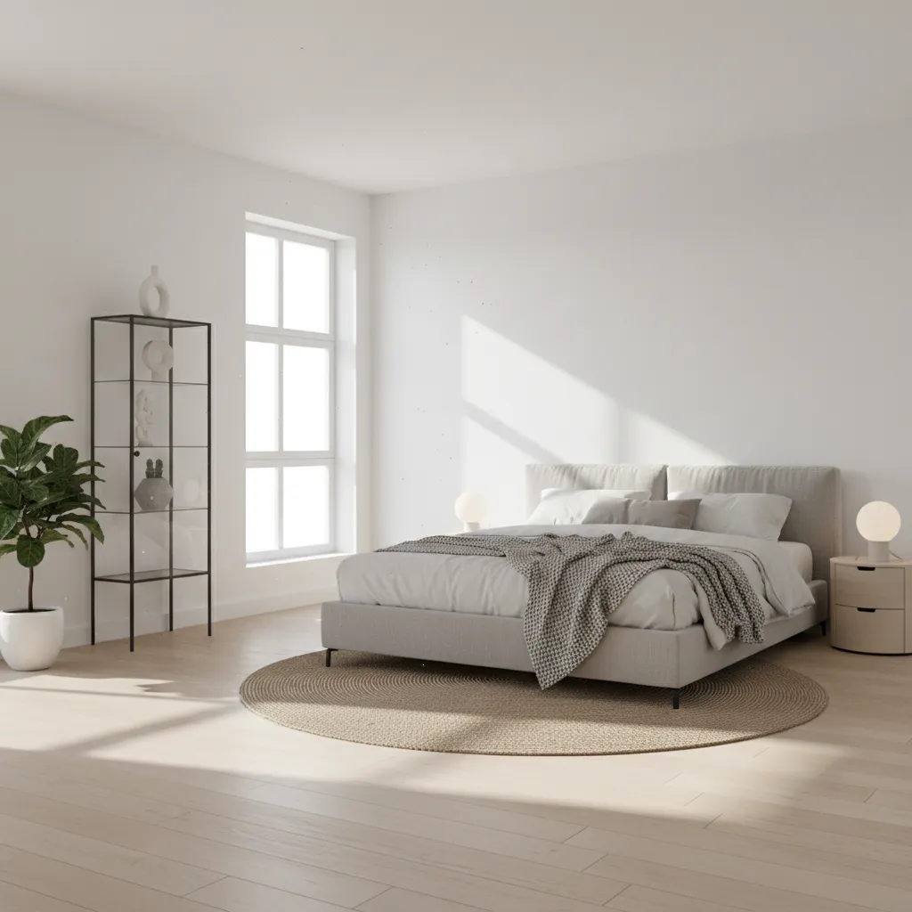 Glass display cabinet making a bedroom look visually larger and lighter