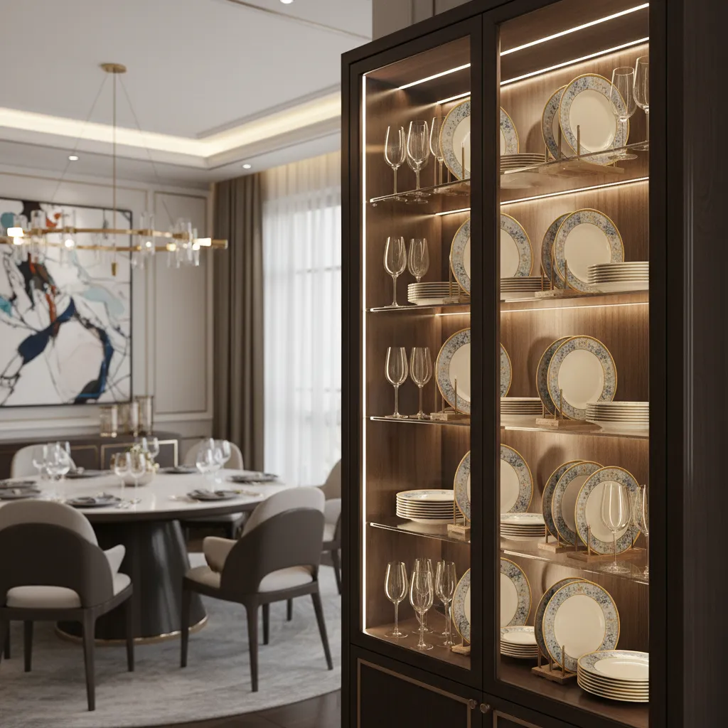 Glass front crockery cabinet with illuminated shelves