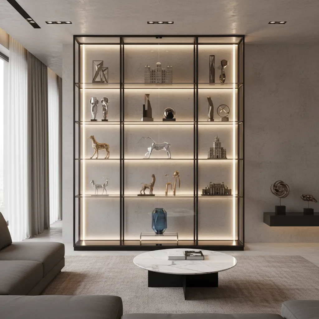 Glass wall showcase with LED lighting highlighting decorative objects