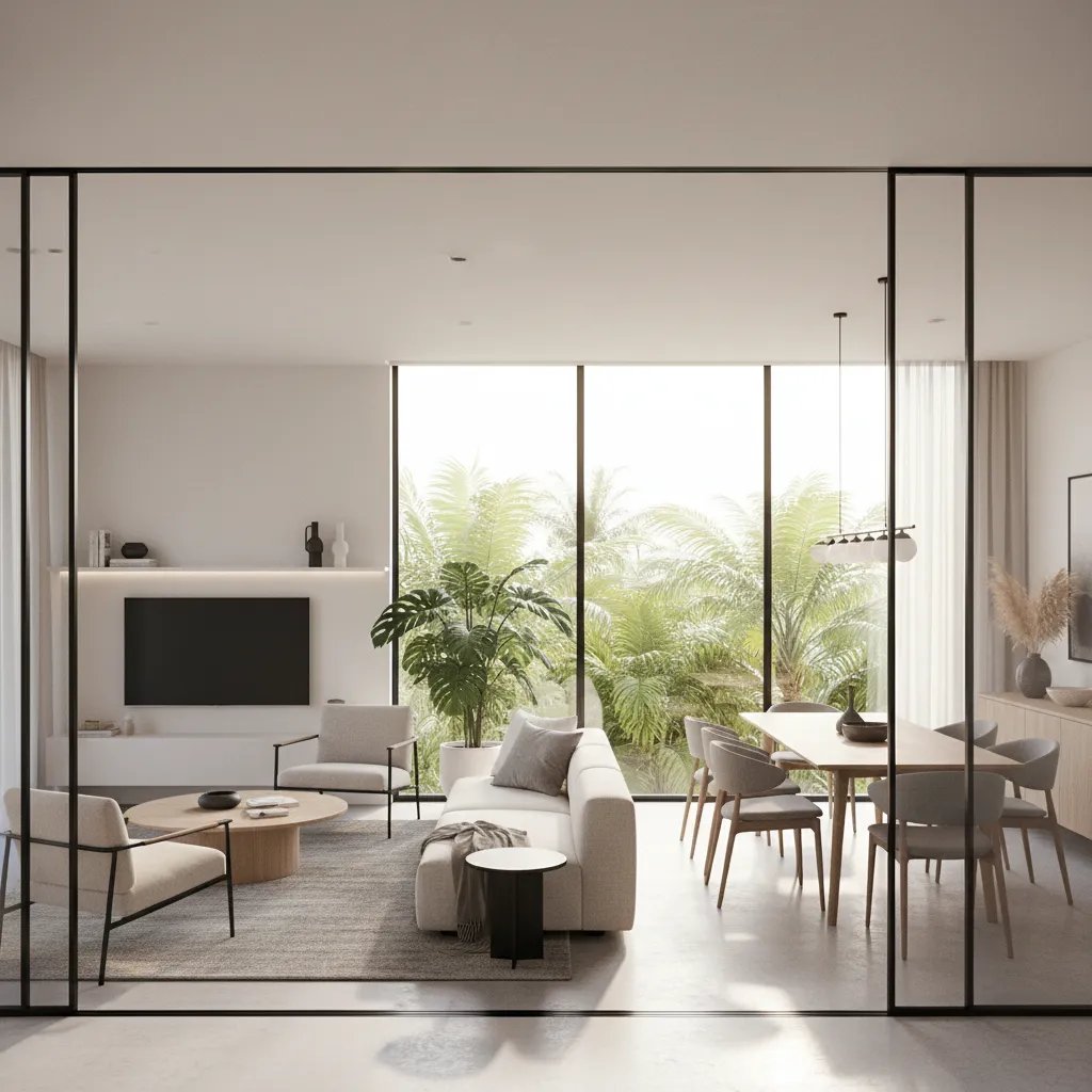 Glass frame divider between living room and dining area