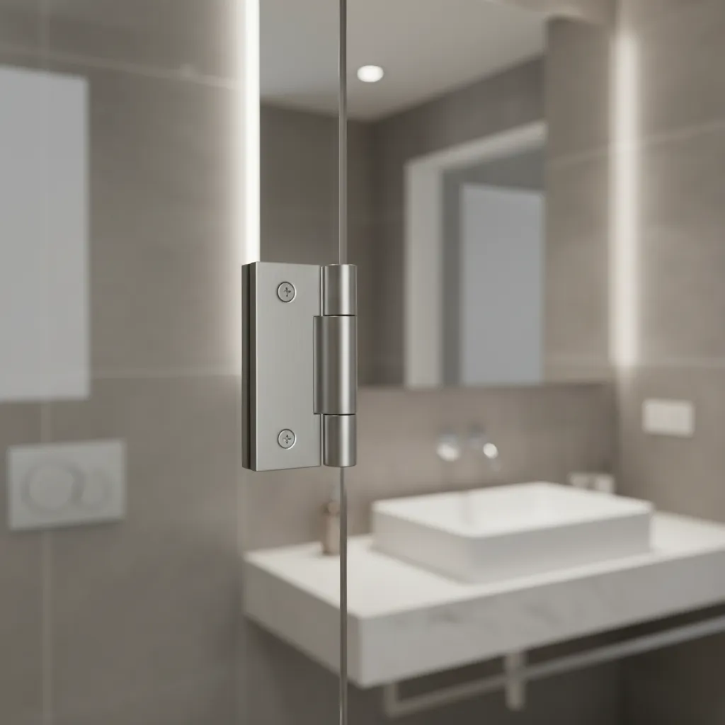close up of bathroom glass door hinge showing stress points and mounting hardware
