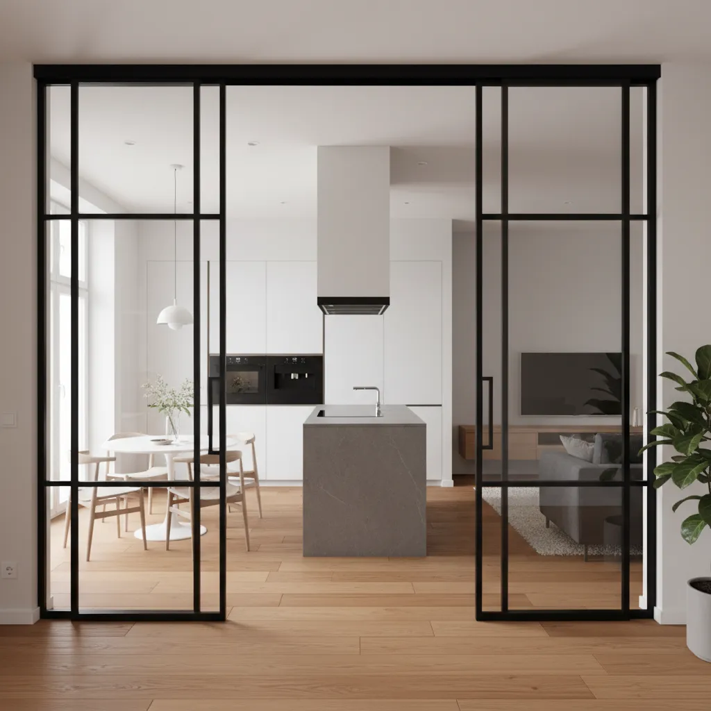 Puerta con cristal separando cocina y salón en un piso moderno