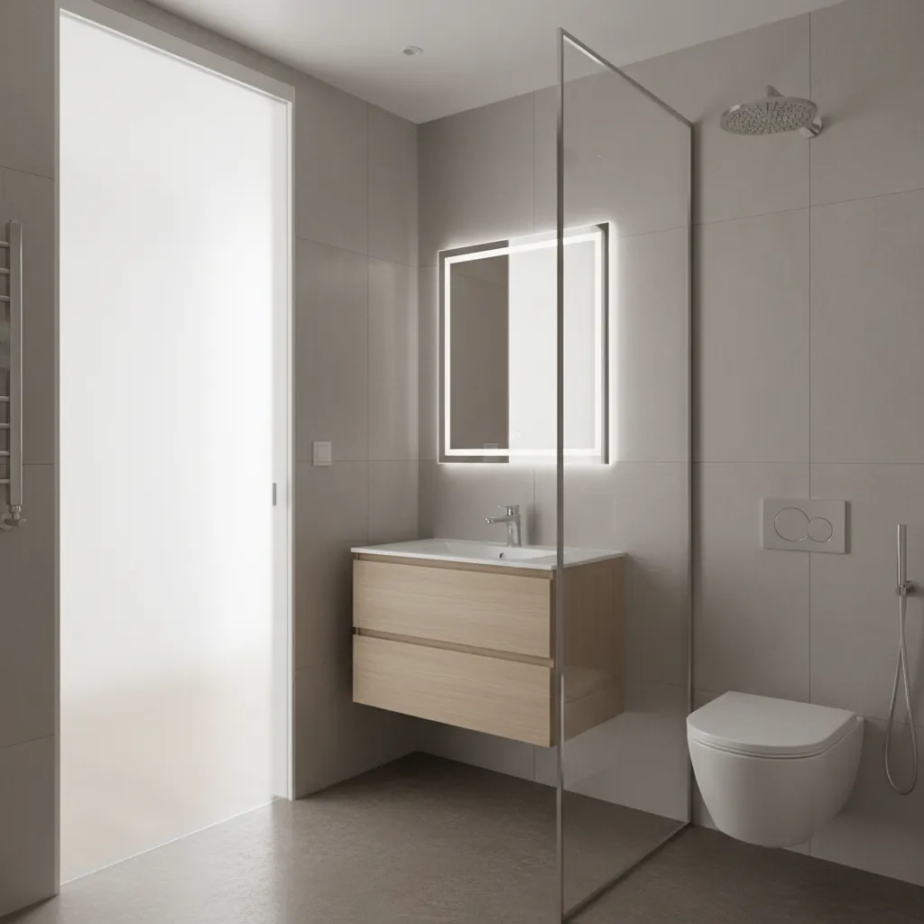 compact modern bathroom with frosted glass door allowing light inside
