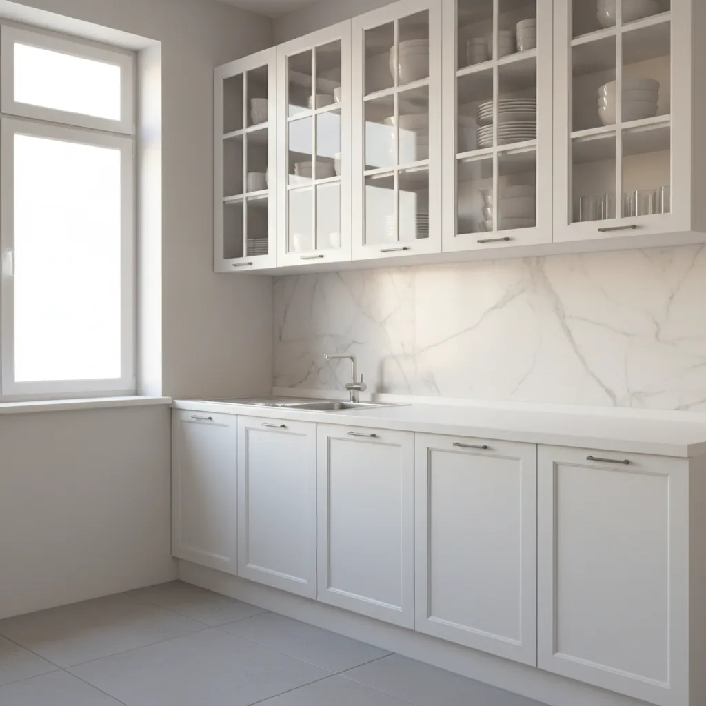 Modern kitchen wall mounted cabinets with clear glass doors displaying dishes