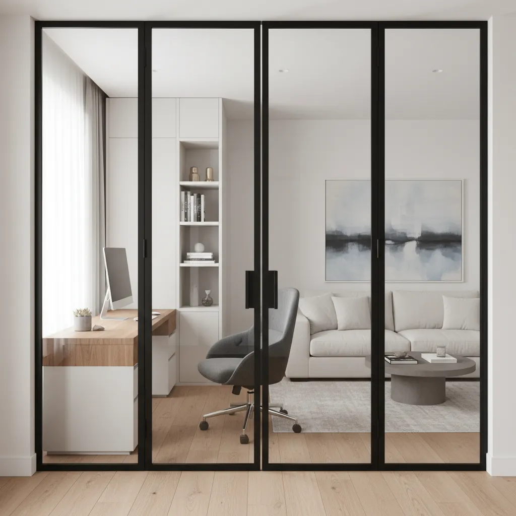Glass double doors separating a small home office from living area in an apartment