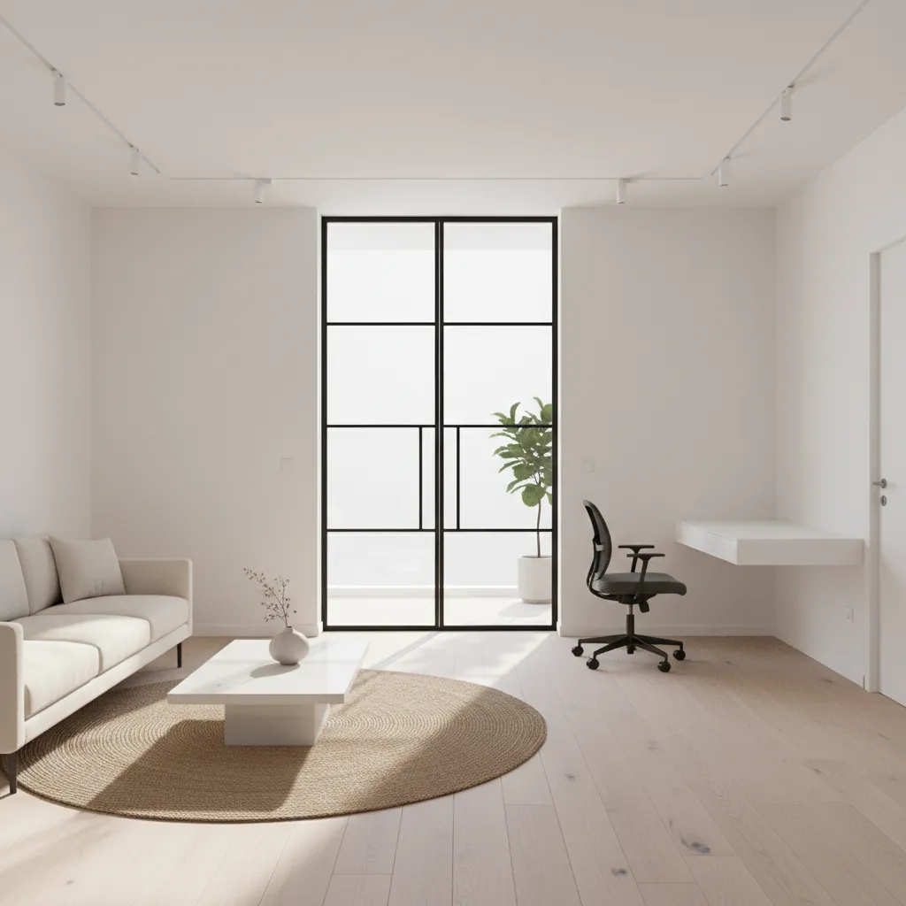 Glass double doors connecting two small rooms creating visual openness