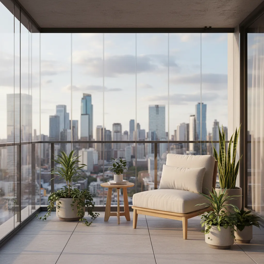 glass enclosed apartment balcony with cozy seating and plants