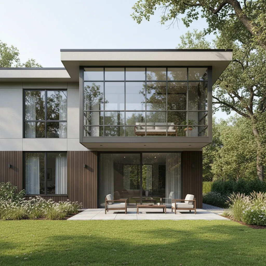 Exterior view of a second floor patio enclosed with glass walls