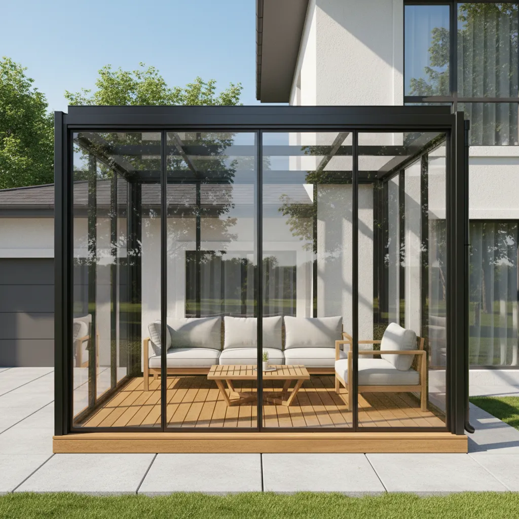 Second floor patio converted into a modern glass sunroom enclosure