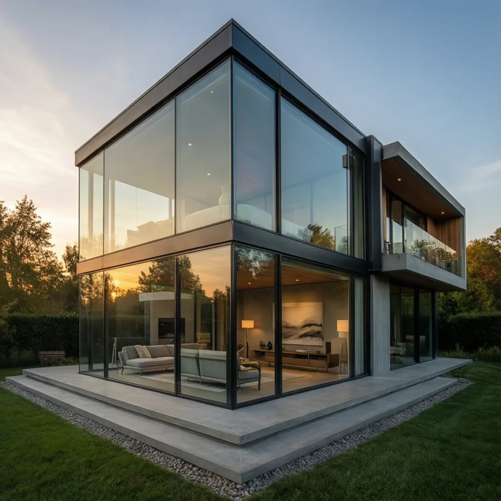 Fachada de casa moderna con grandes paneles de vidrio