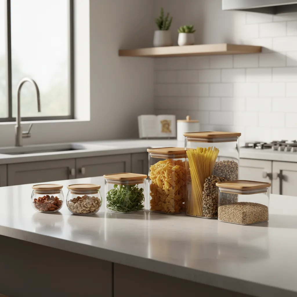 glass food storage containers arranged neatly on a modern kitchen counter