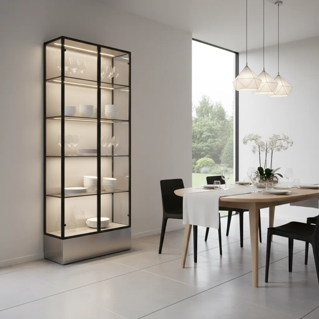 Dining room glass front crockery cabinet with interior lighting